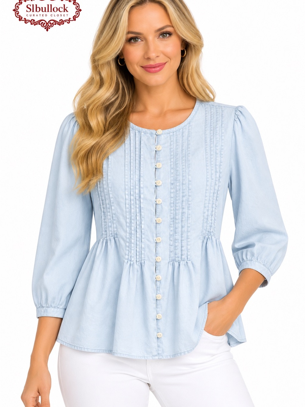 L35 Levi’s 100% Cotton Pintuck Button Front Peplum Blouse Blue S